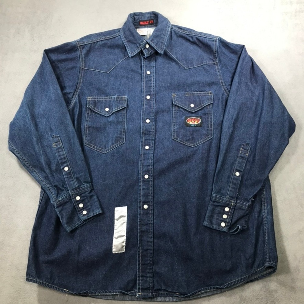 Rasco FR Work Shirt Mens XL Blue Flame Resistant Denim Western Pearl Snap